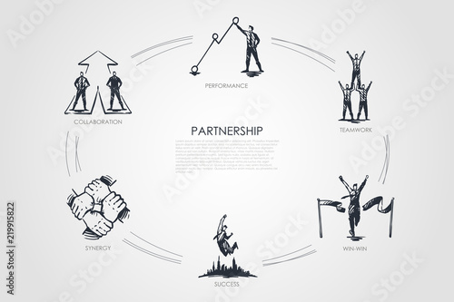 Partnership - teamwork, win-win, collaboration, performance, synergy set concept.