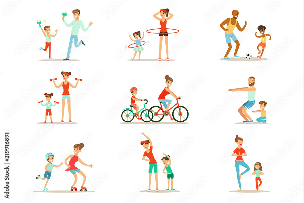 Parent And Child Doing Sportive Exercises And Sport Training Together Having Fun Set Of Scenes