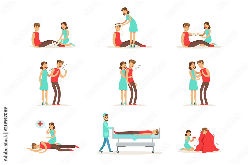 Woman Following Firs Aid Primary And Secondary Emergency Treatment Procedures Collection Of Infographic Illustrations Woman Following Firs Aid Primary And Secondary Emergency Treatment Procedures Collection Of Infographic Illustrations