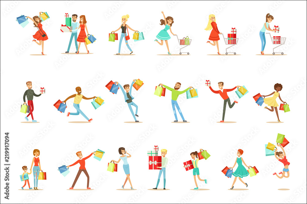 Shopaholic People Happy And Excited Running With Paper Shopping Bags Smiling Carton Characters Collection