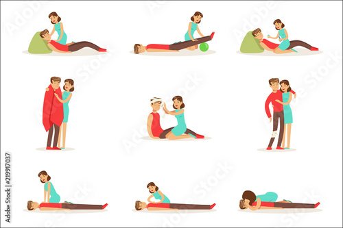 Woman Following Firs Aid Primary And Secondary Emergency Treatment Procedures Series Of Infographic Illustrations