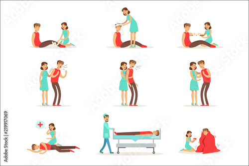 Woman Following Firs Aid Primary And Secondary Emergency Treatment Procedures Collection Of Infographic Illustrations