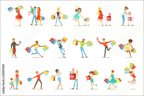 Shopaholic People Happy And Excited Running With Paper Shopping Bags Smiling Carton Characters Collection