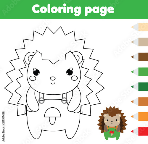 Coloring page with hedgehog. Drawing kids activity. Printable toddlers fun