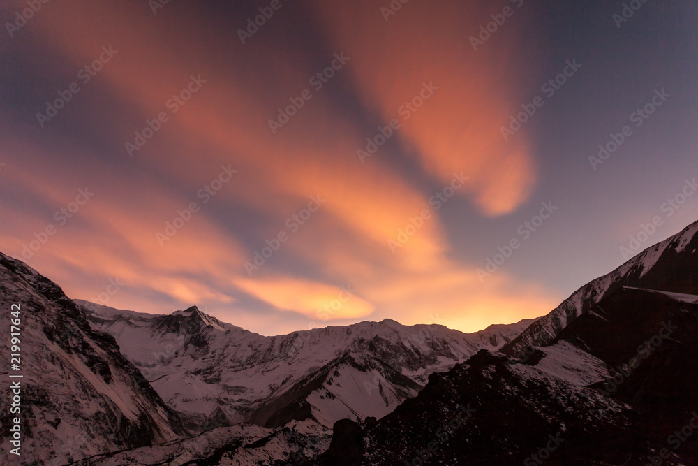 Pink sunset in the mountains, Nepal, Himalaya, Tilicho Base Camp