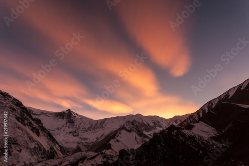 Pink sunset in the mountains, Nepal, Himalaya, Tilicho Base Camp © Victoria