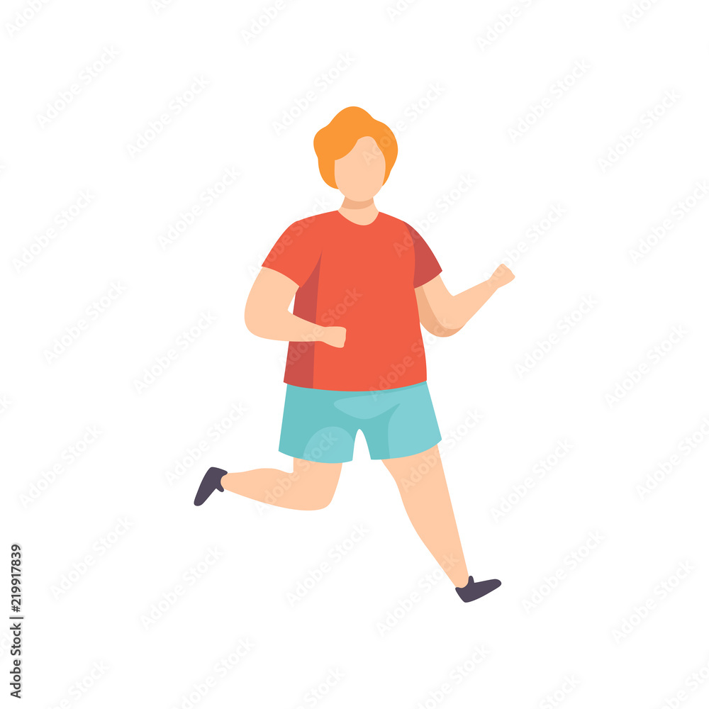Young fat man running, obesity man wearing sports uniform doing fitness exercise, weight loss program concept vector Illustration on a white background Young fat man running, obesity man wearing sports uniform doing fitness exercise, weight loss program concept vector Illustration on a white background