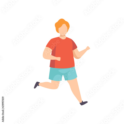 Young fat man running, obesity man wearing sports uniform doing fitness exercise, weight loss program concept vector Illustration on a white background