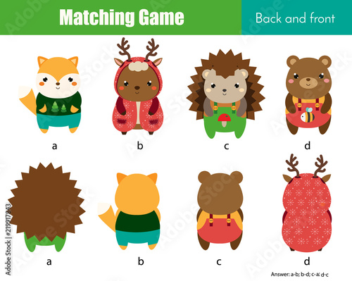 Matching game. Educational children activity with cute animals. Learning back and front