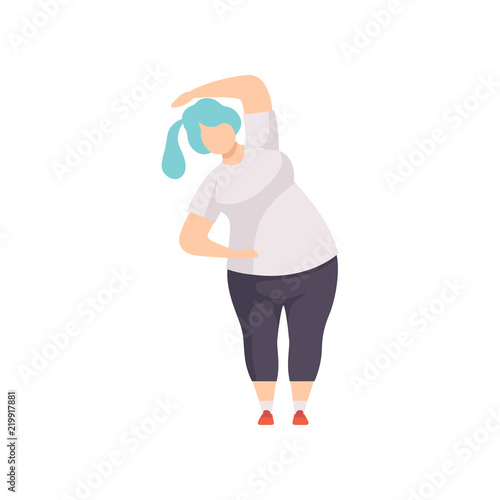 Obesity woman wearing sports uniform doing fitness exercise, weight loss program concept vector Illustration on a white background