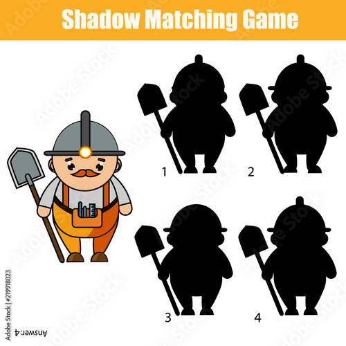 Shadow matching game. Kids activity with miner