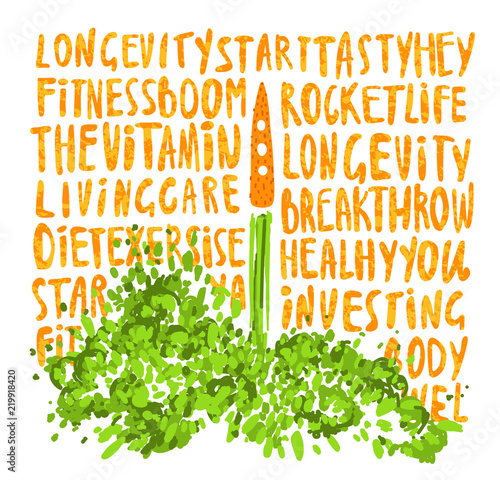 Illustration of the concept of a healthy lifestyle. Carrots with a halms, taking off like a rocket with lettering about Health, sport, lifestyle and vitamins. Starting new healthy life concept.