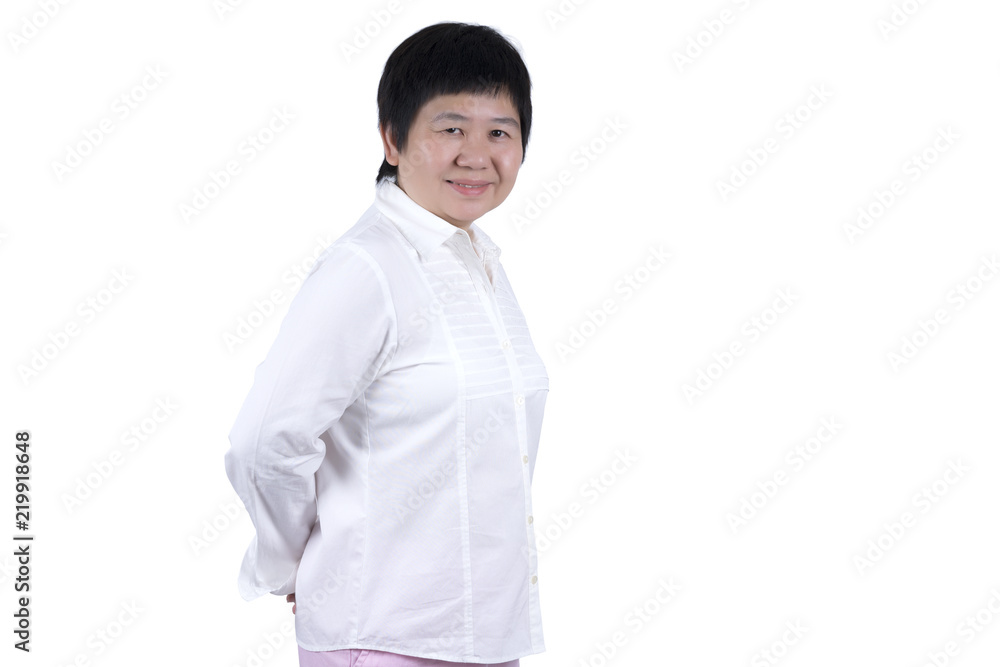 Smiling Asian Middle-aged woman in white shirt isolated on white background Smiling Asian Middle-aged woman in white shirt isolated on white background