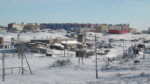 Snow abandoned city Coal Mines on Chukotka of far north of Russia. Way to ghost town Gudym. Unique place for stalkers.