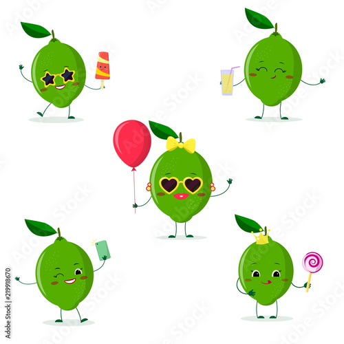 A set of five lime character in different poses in a cartoon style.