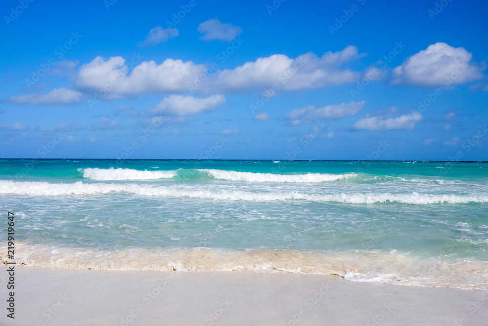 White sandy beach and blue sea,  concept of tourism and recreation