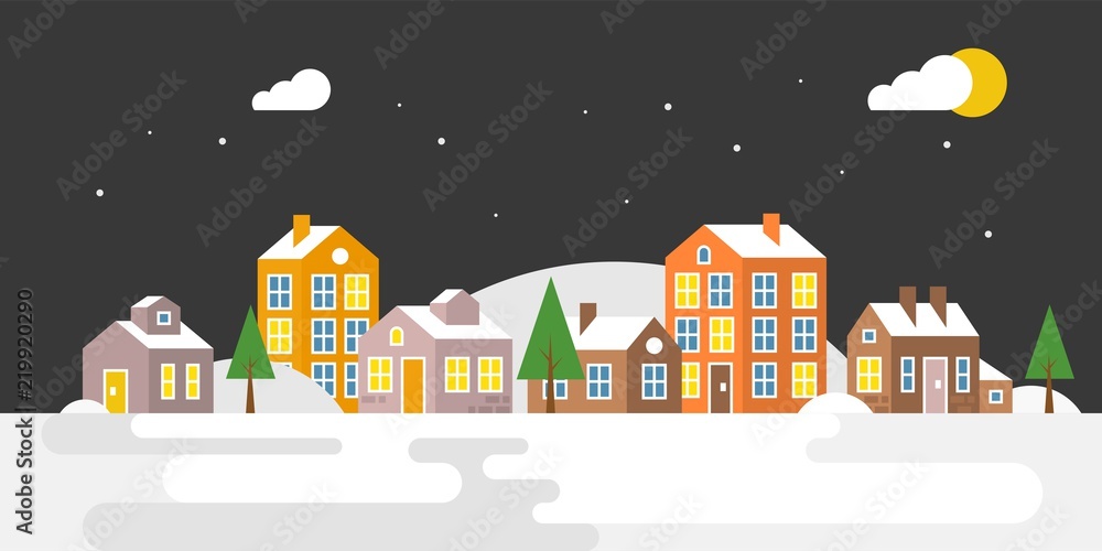 Village with snow falling, urban Landscape for use as background or banner, flat design