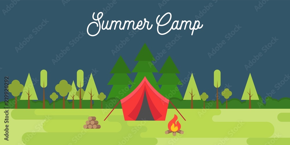 summer camp concept Landscape, tent , mountain, tree, bonfire, fire wood and forest, for use as background or banner, flat design summer camp concept Landscape, tent , mountain, tree, bonfire, fire wood and forest, for use as background or banner, flat design