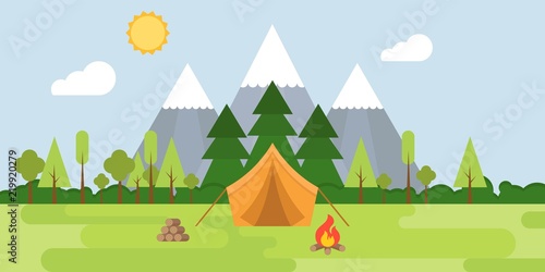 summer camp concept Landscape, tent , mountain, tree, bonfire, fire wood and forest, flat design