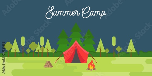 summer camp concept Landscape, tent , mountain, tree,  bonfire, fire wood and forest, for use as background or banner, flat design