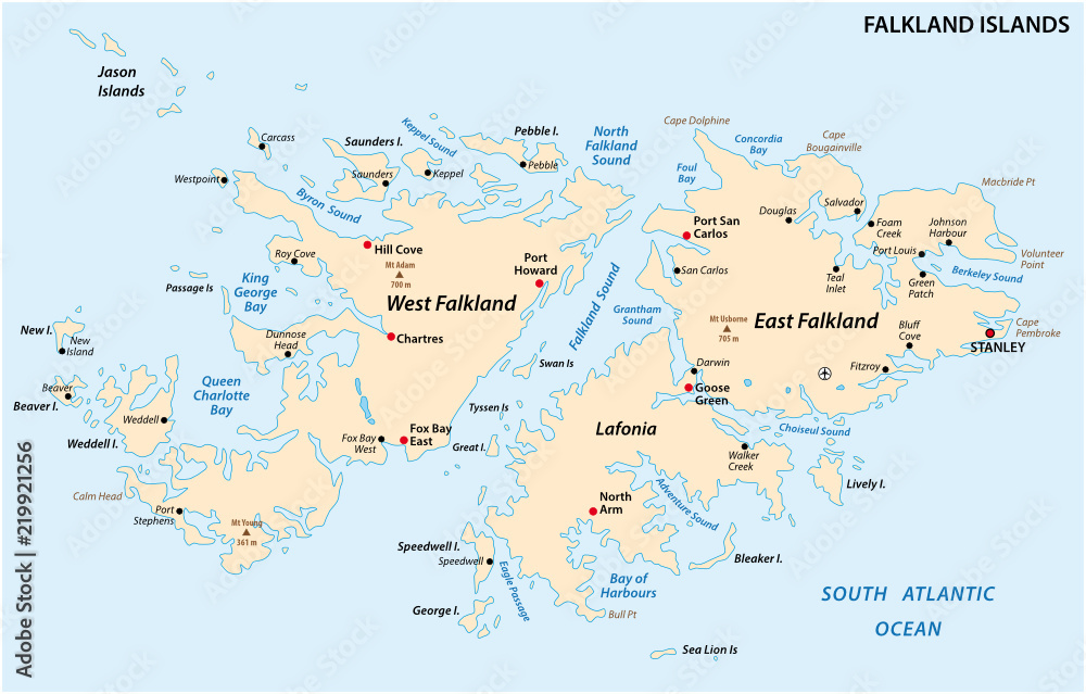 Falkland Islands, also Malvinas, political vector map