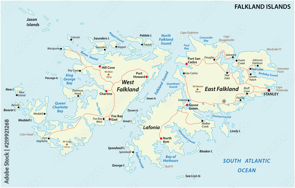 Falkland Islands, also Malvinas, political vector road map