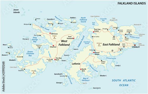 Falkland Islands, also Malvinas, political vector road map
