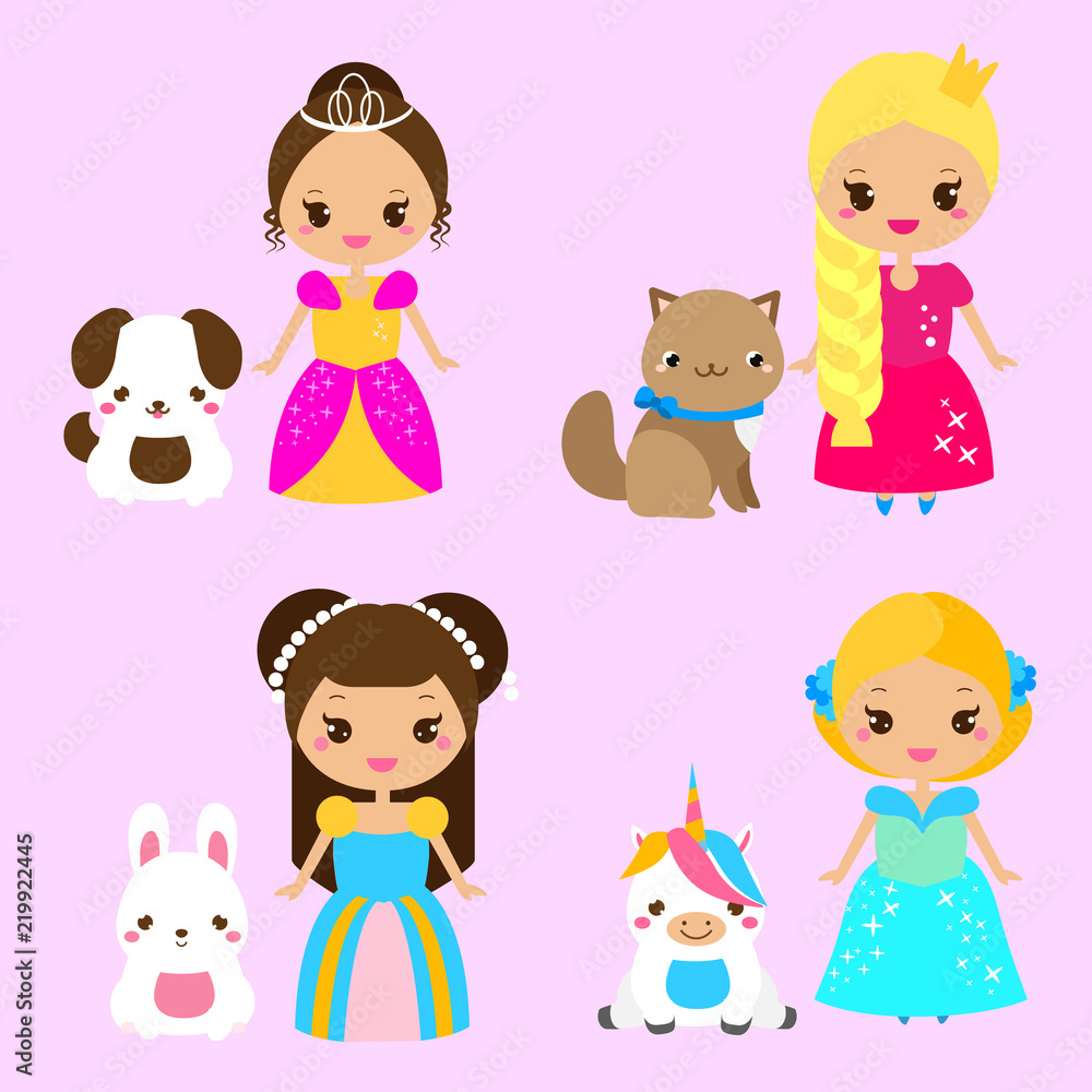 Cute princesses with lovely pets. Vector illustration in kawaii style Cute princesses with lovely pets. Vector illustration in kawaii style
