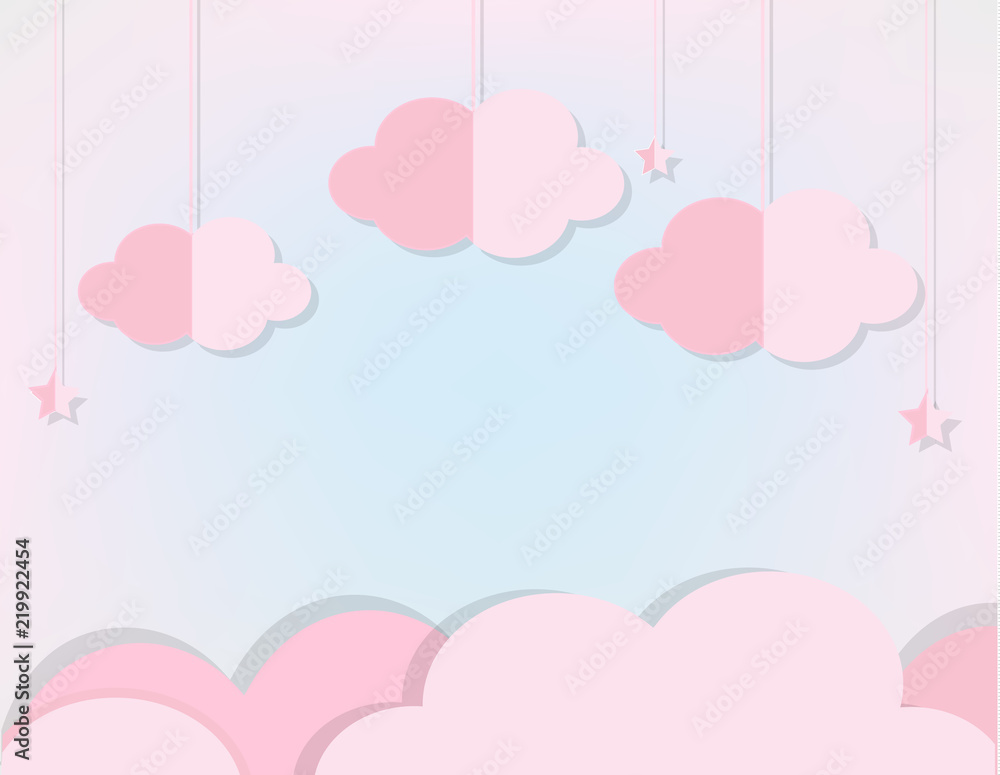 Pink Clouds and stars in soft blue sky. Background in paper cut, paper craft style for baby, kids and nursery design, invitations, banners