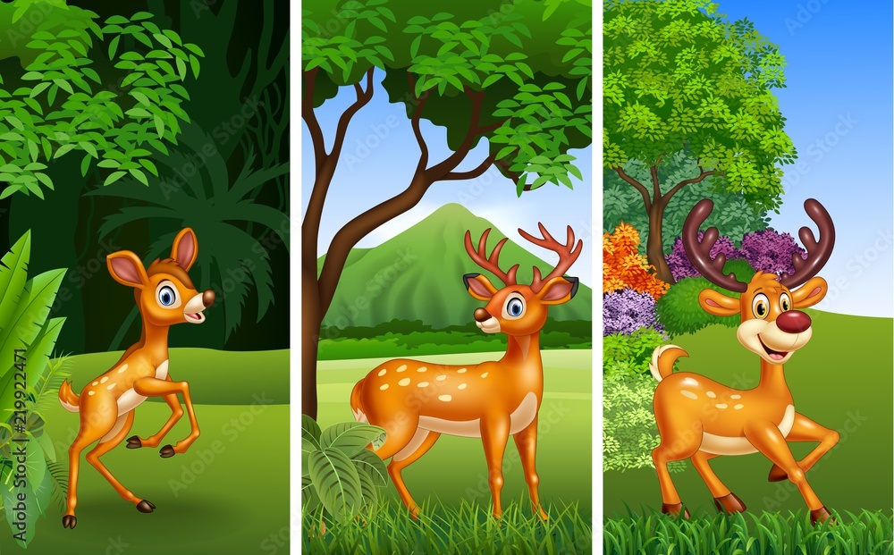 Obraz premium Set of three deer animals with nature background
