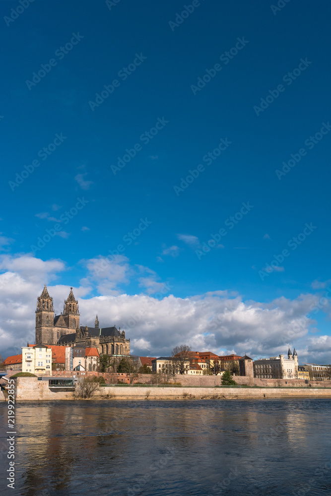 View of Magdeburg Cathedral and Elbe river from another side, Magdeburg, Germany