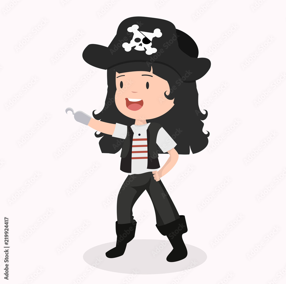 Cute kid girl character in pirate costume