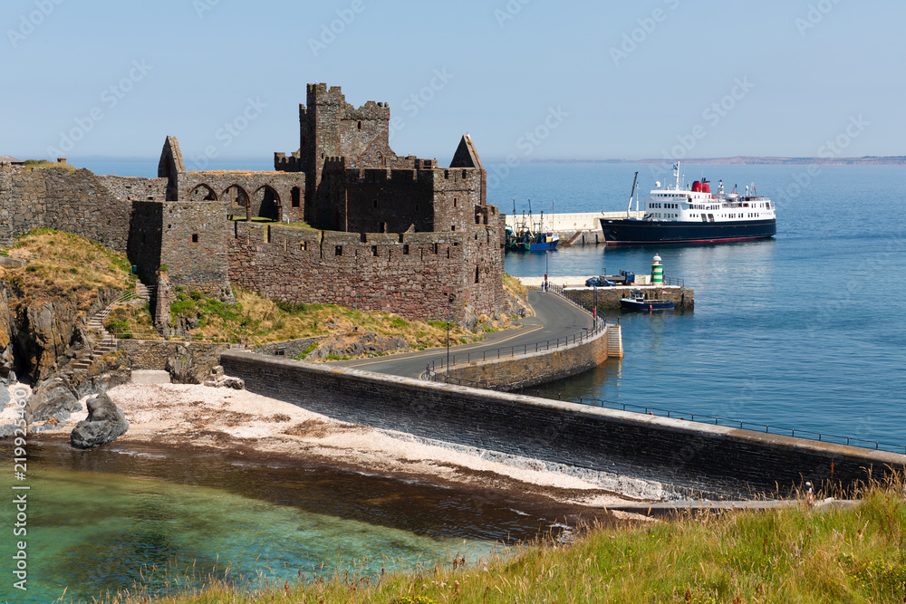 Peel Castle on a summers day with ferry on the sea in the background, Isle of Man, British Isles