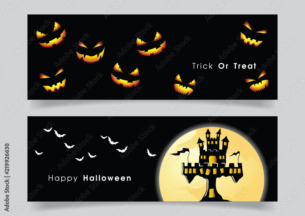 Banner set with Halloween pumpkin and haunted castle and bat.