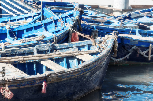 Famous blue Boats at a Fishing Port of Essaouira on in Morocco	