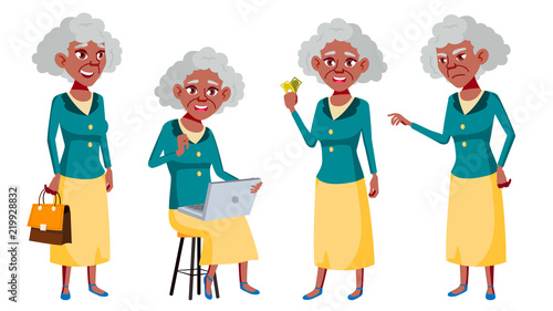 Old Woman Poses Set Vector. Black. Afro American. Elderly People. Senior Person. Aged. Friendly Grandparent. Banner, Flyer, Brochure Design. Isolated Cartoon Illustration