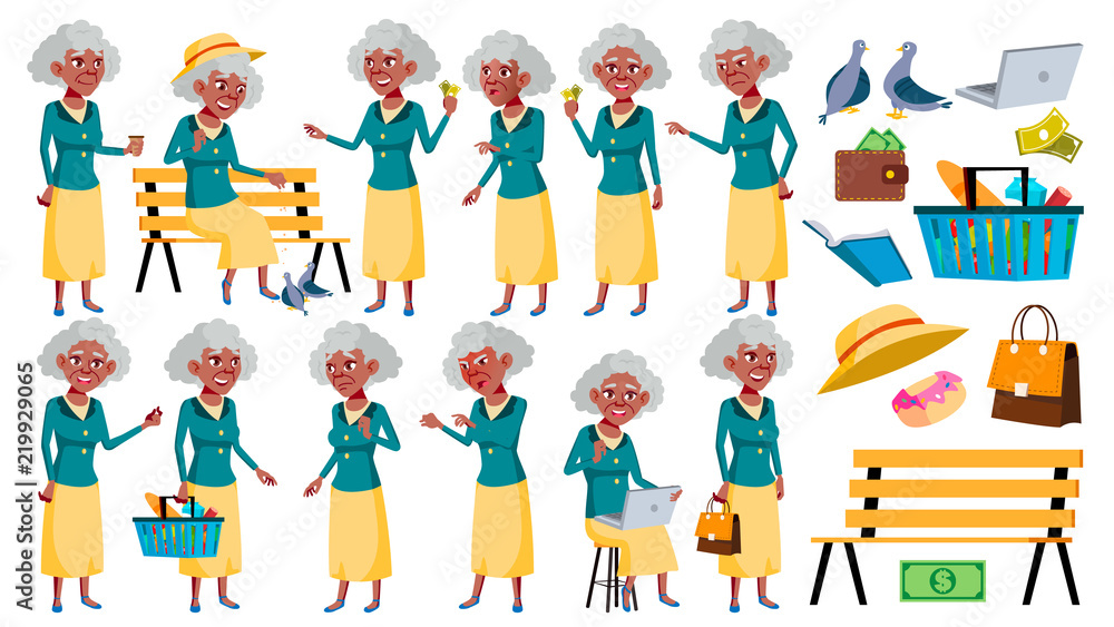Old Woman Poses Set Vector. Elderly People. Senior Person. Aged. Black. Afro American. Caucasian Retiree. Smile. Web, Poster, Booklet Design. Isolated Cartoon Illustration Old Woman Poses Set Vector. Elderly People. Senior Person. Aged. Black. Afro American. Caucasian Retiree. Smile. Web, Poster, Booklet Design. Isolated Cartoon Illustration