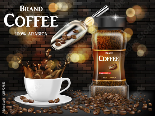 Black coffee cup with splash and beans ads. 3d illustration of hot coffee mug. Product retro design with bokeh and brick background. Vector