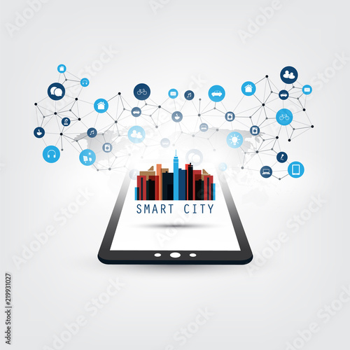 Smart City, Internet of Things Design Concept with Tablet PC and Icons - Digital Network Connections, Technology Background
