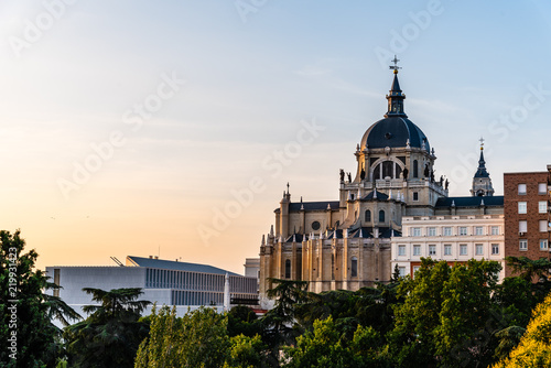 Almudena Cathedral of Madrid. Skyline at sunset