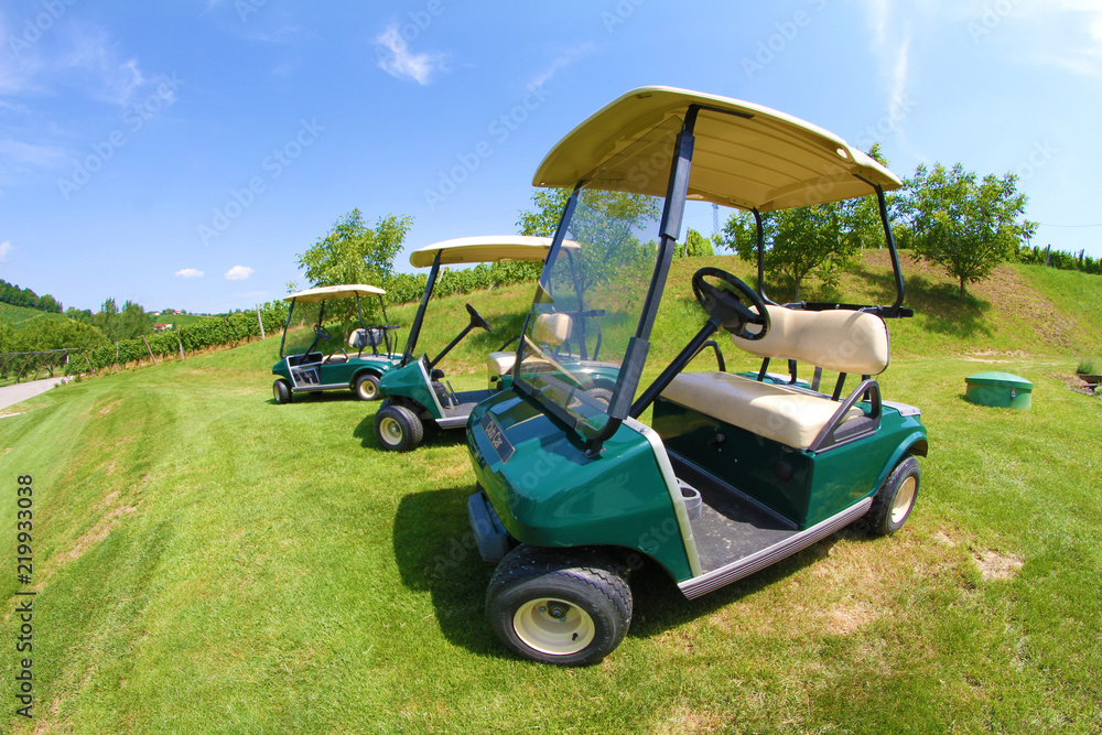 Three golf carts are parked on a small hill. It's a hot and nice summer day perfect for a golf tournament.