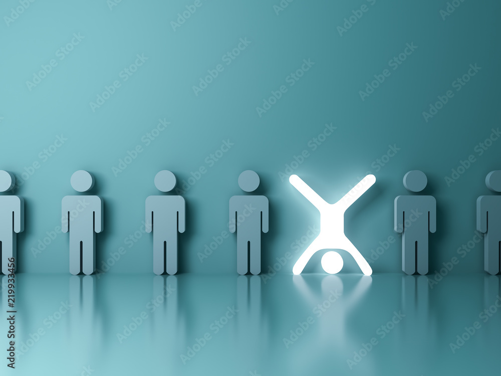 Stand out from the crowd and different creative idea concept One glowing light man standing upside down with arms and legs wide open among other people on dark green background 3D rendering - obrazy, fototapety, plakaty 