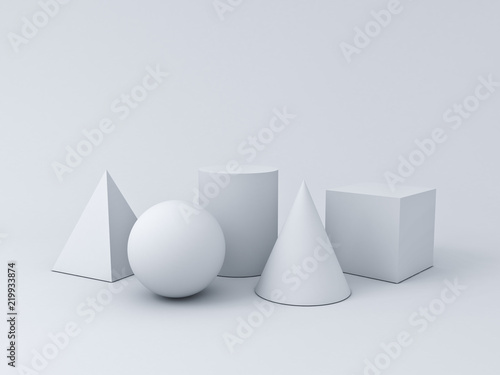 White Geometry 3D Graphic Shapes Cube Pyramid Cone Cylinder Sphere isolated on white background with shadows 3D rendering