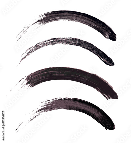 Vector make-up cosmetic mascara brush stroke texture design isolated on white. Realistic mascara smear set template. Mascara eyelashes brush stroke makeup. Black hand drawn lash scribble swatch.