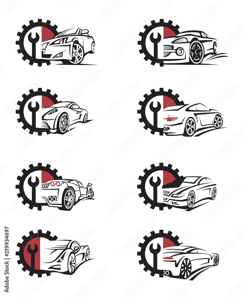 collection of emblem with auto parts and repair service isolated on white background collection of emblem with auto parts and repair service isolated on white background