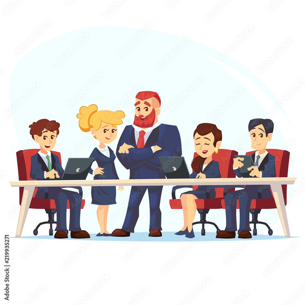 Meeting business people. Teamwork. Discussion of the company business  strategy. Vector illustration in a flat cartoon style Manager, designer,  programmer and colleagues using laptops Stock Vector | Adobe Stock