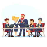 Meeting business people. Teamwork. Discussion of the company business strategy. Vector illustration in a flat cartoon style Manager, designer, programmer and colleagues using laptops