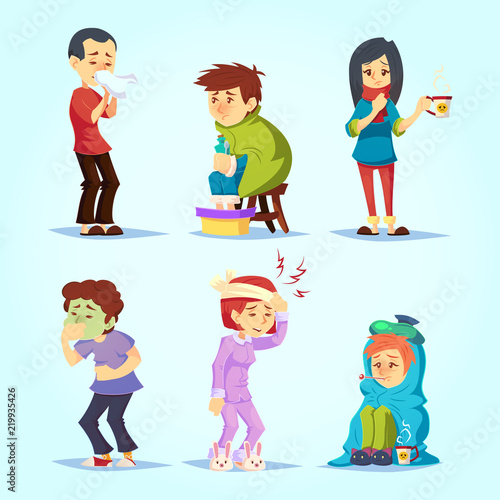 Set of ill people having cold flu feel unwell, cartoon style vector illustration