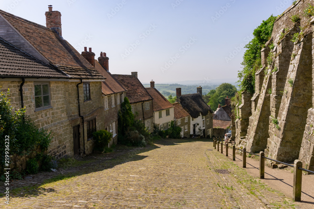 Golden Hill Shaftsbury on a sunny day with blue sky, England Dorset