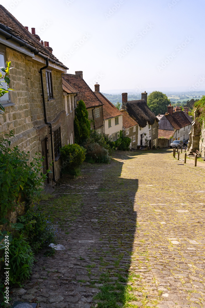 Golden Hill Shaftsbury on a sunny day with blue sky, England Dorset